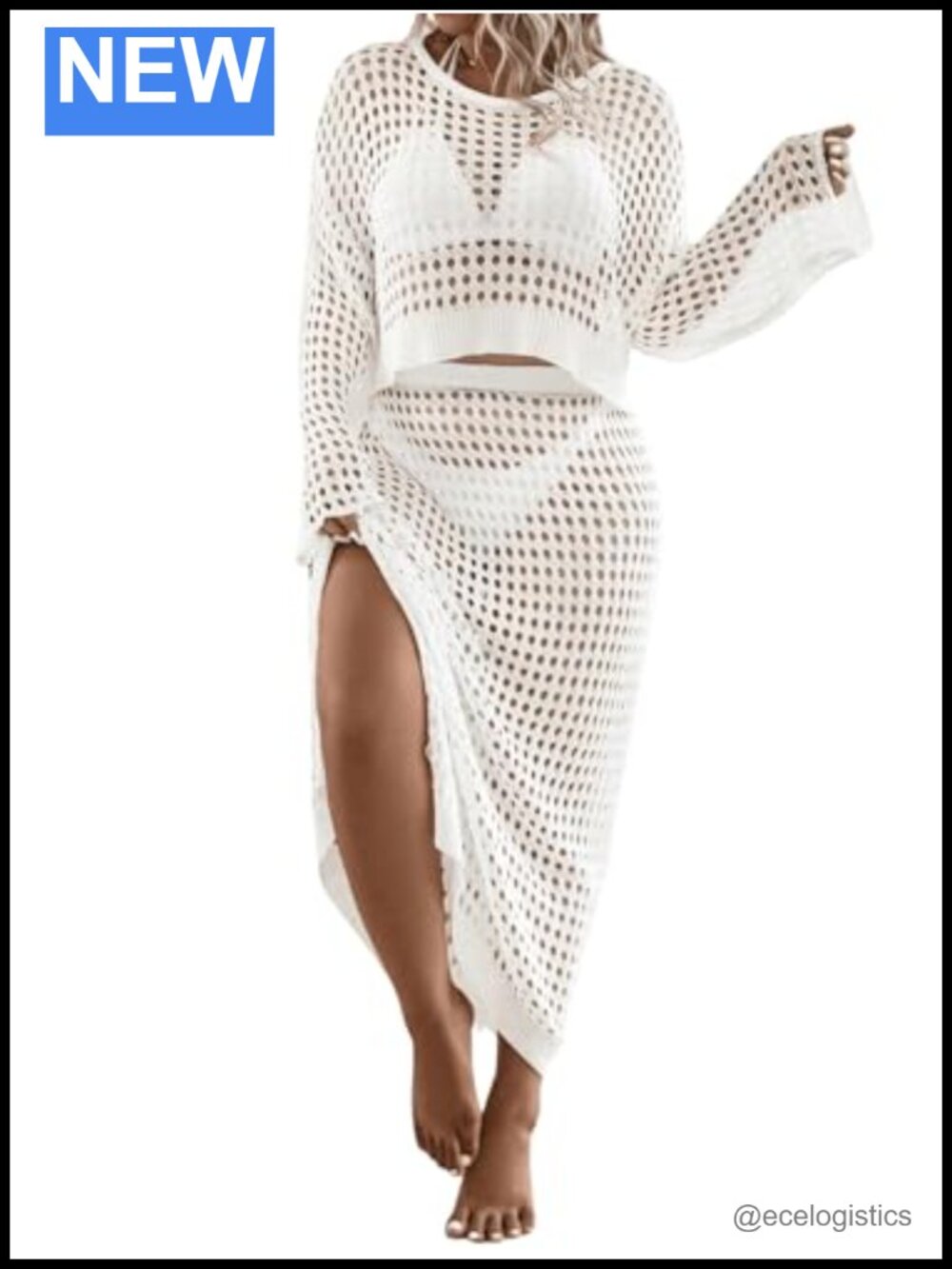 Women's 2 Piece Knit Cover Up Sweater & Split Thigh Skirt Set Sheer Swimwear